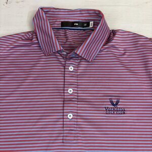 RLX Ralph Lauren Polo Shirt Mens L Red Blue Striped Valhalla Golf Club Golf Logo